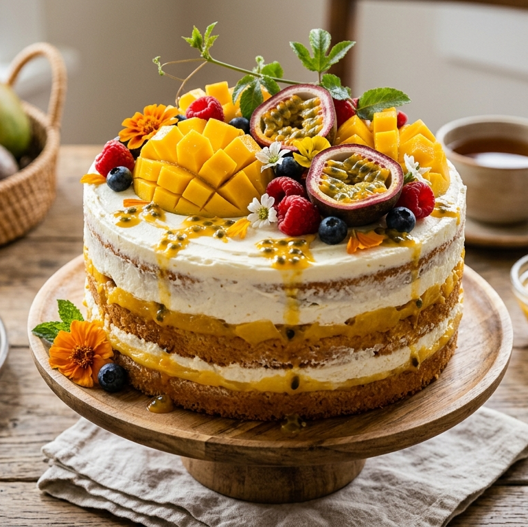 Trópusi mangó-passiógyümölcs torta