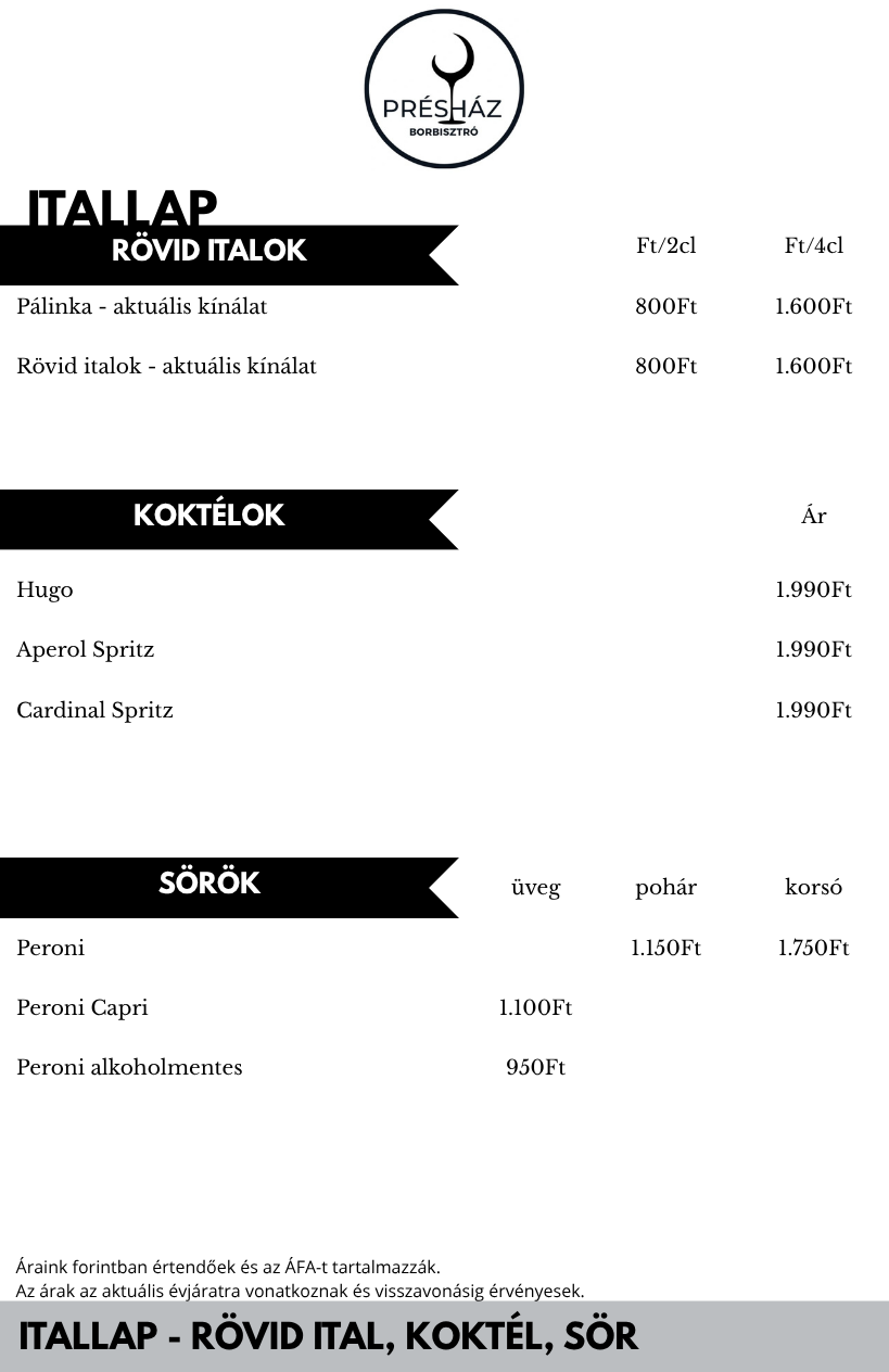 Présház Borbisztro itallap 2