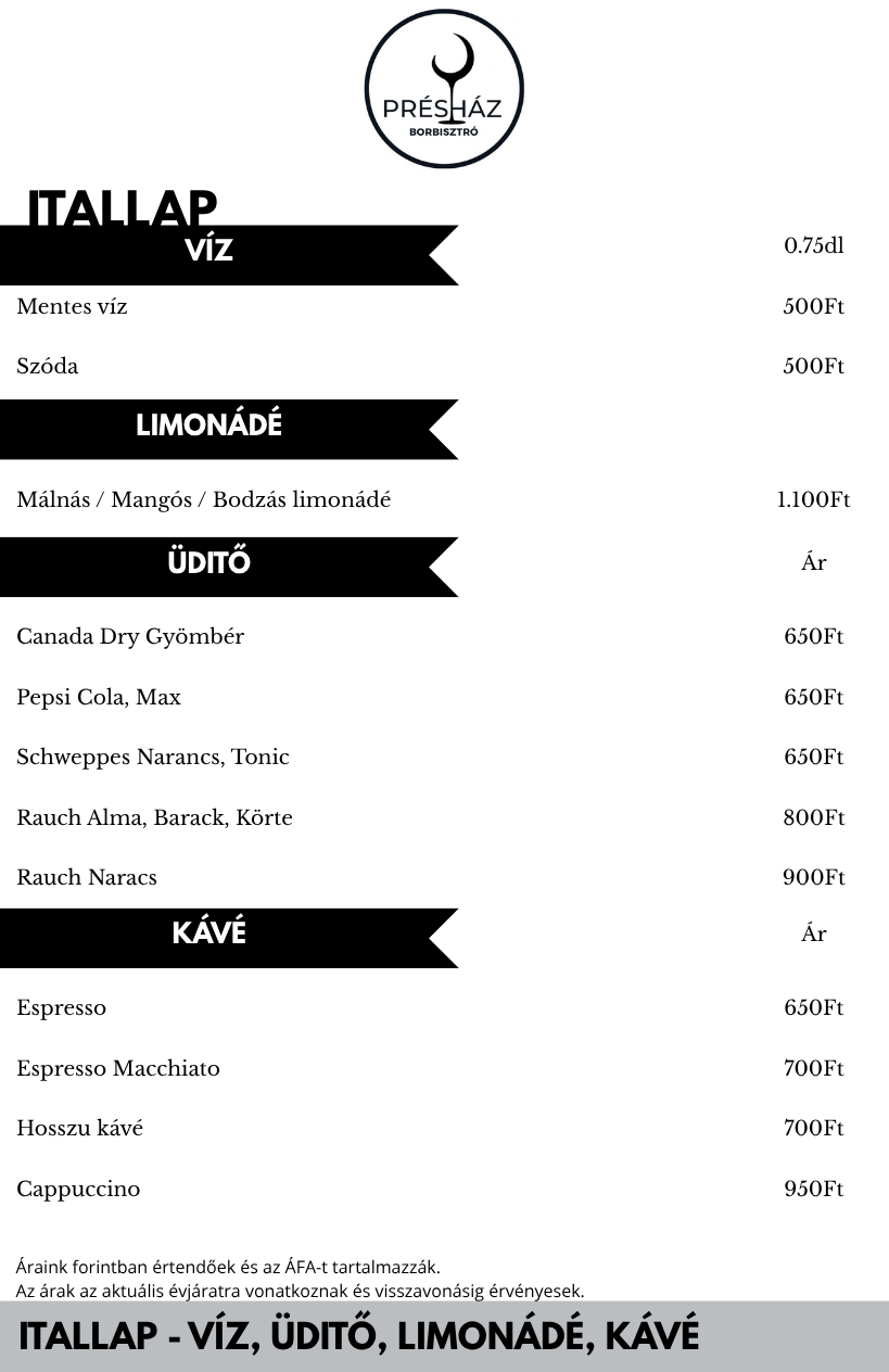 Présház Borbisztró itallap